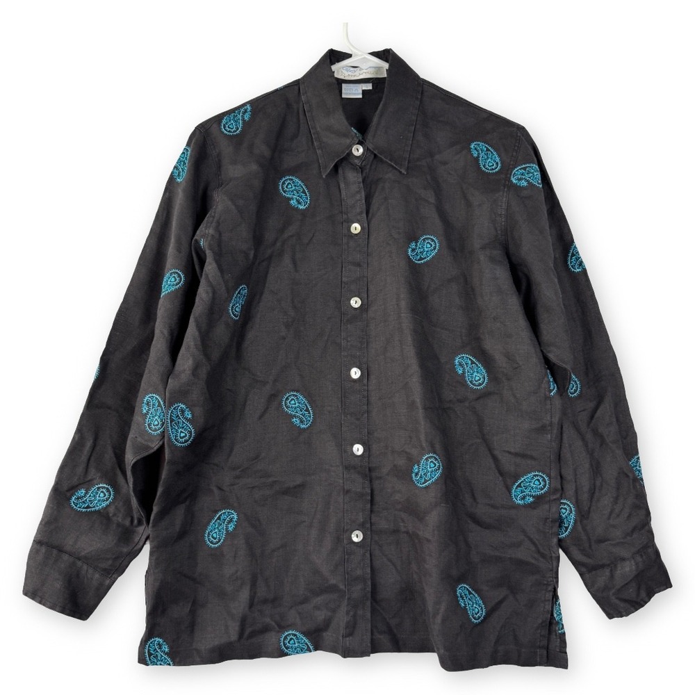 Casey Coleman 100% Linen Embroidered Paisley Button Down Shirt Black Teal Small